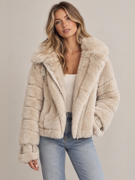 Maniere De Voir Jackets & Blazers - Maniere De Voir Faux Fur Biker Jacket Beige Cream | XXS/XS